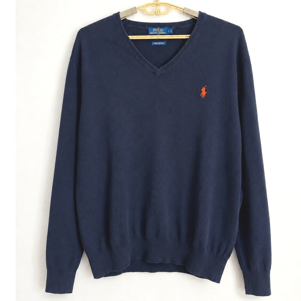 Polo Ralph Lauren Navy V-Neck Cotton Sweater Orange Pony Logo Size Large